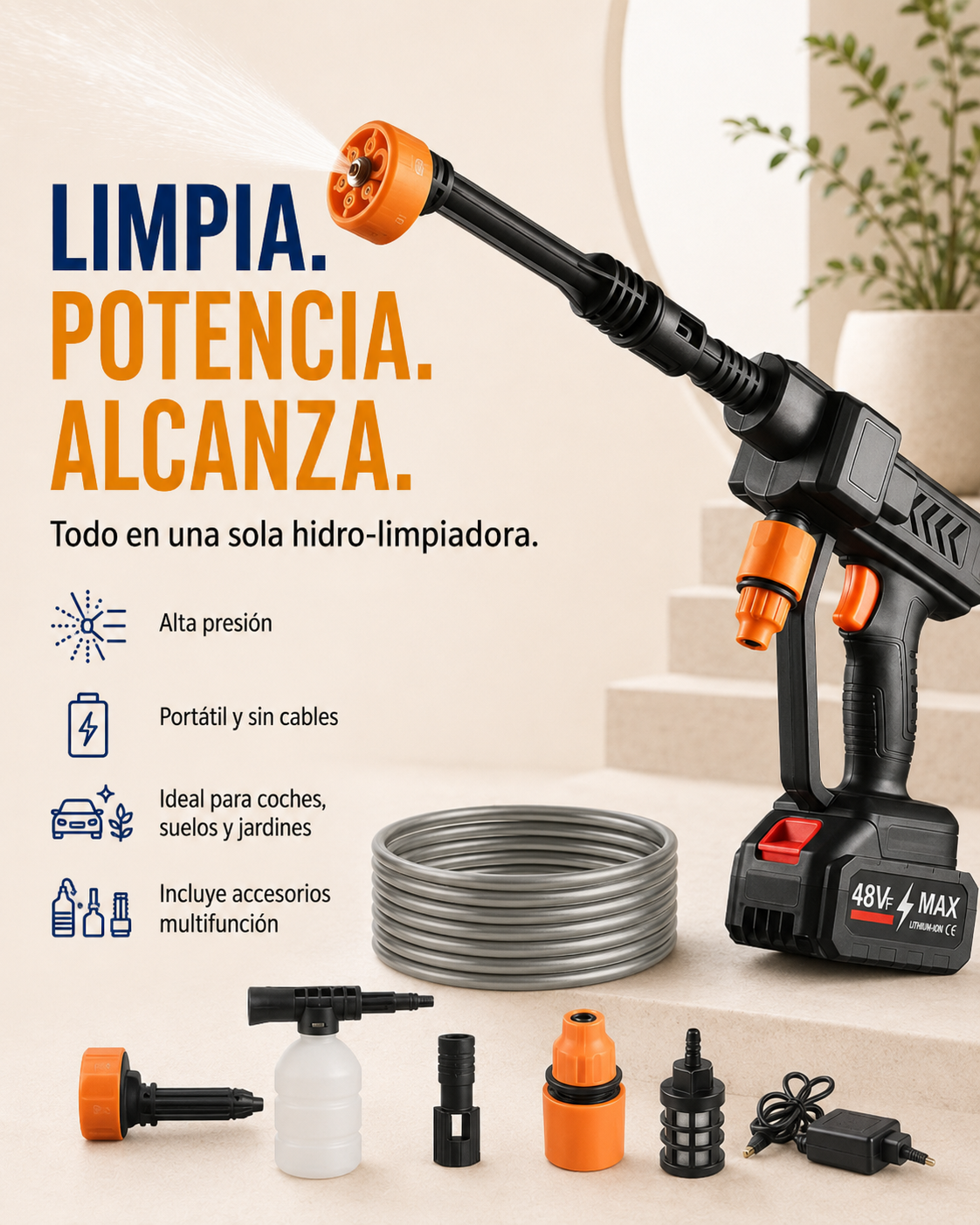 Hidro-limpiadora de alta presión portátil para limpieza de coches, suelos y jardines.