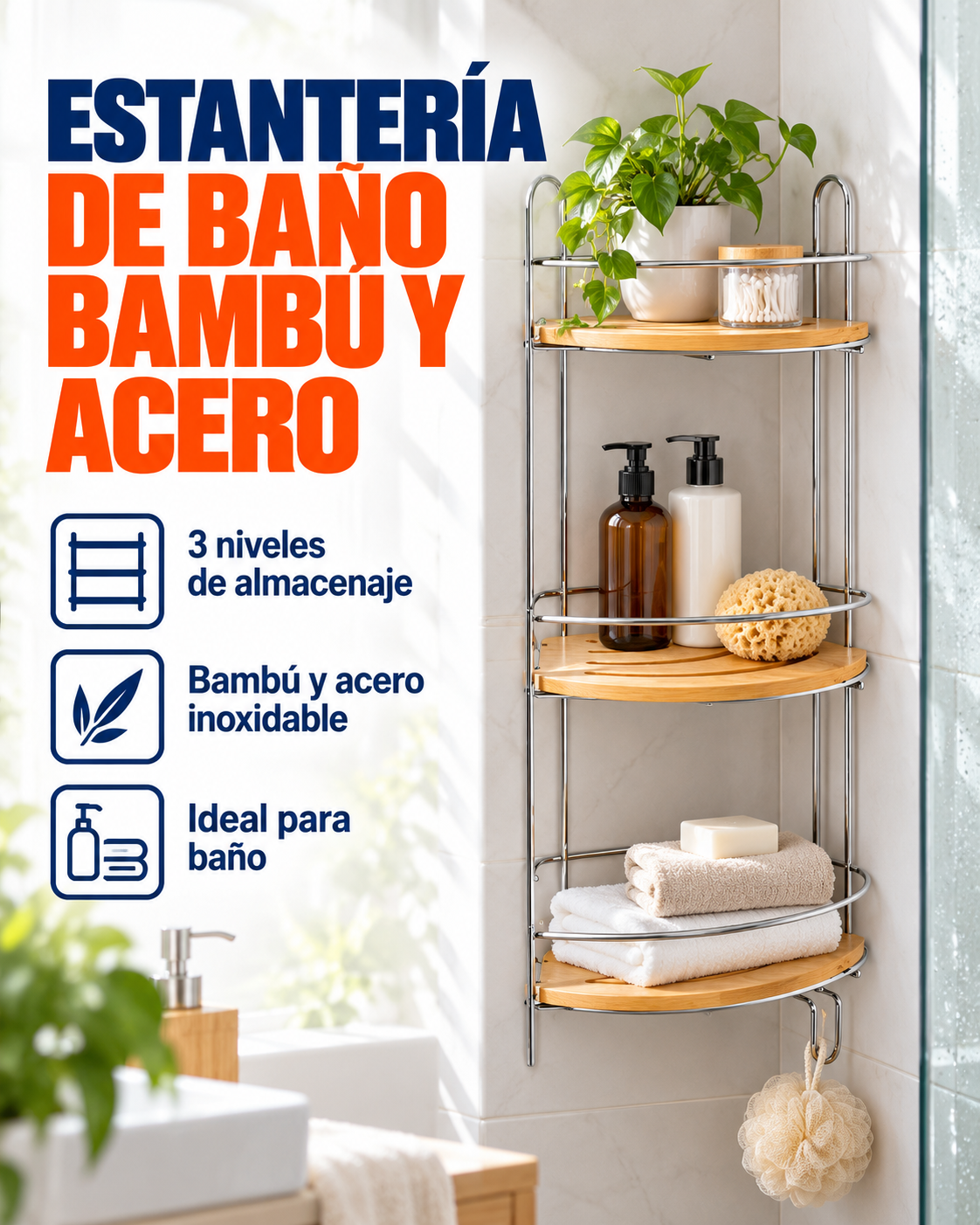 Estantería de baño de bambú y ácero inoxidable