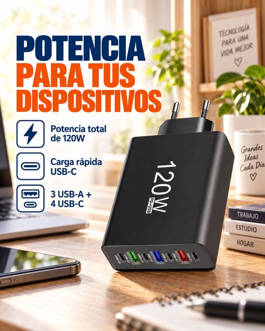 Cargador USB-C con potencia total de 120 W y carga rápida