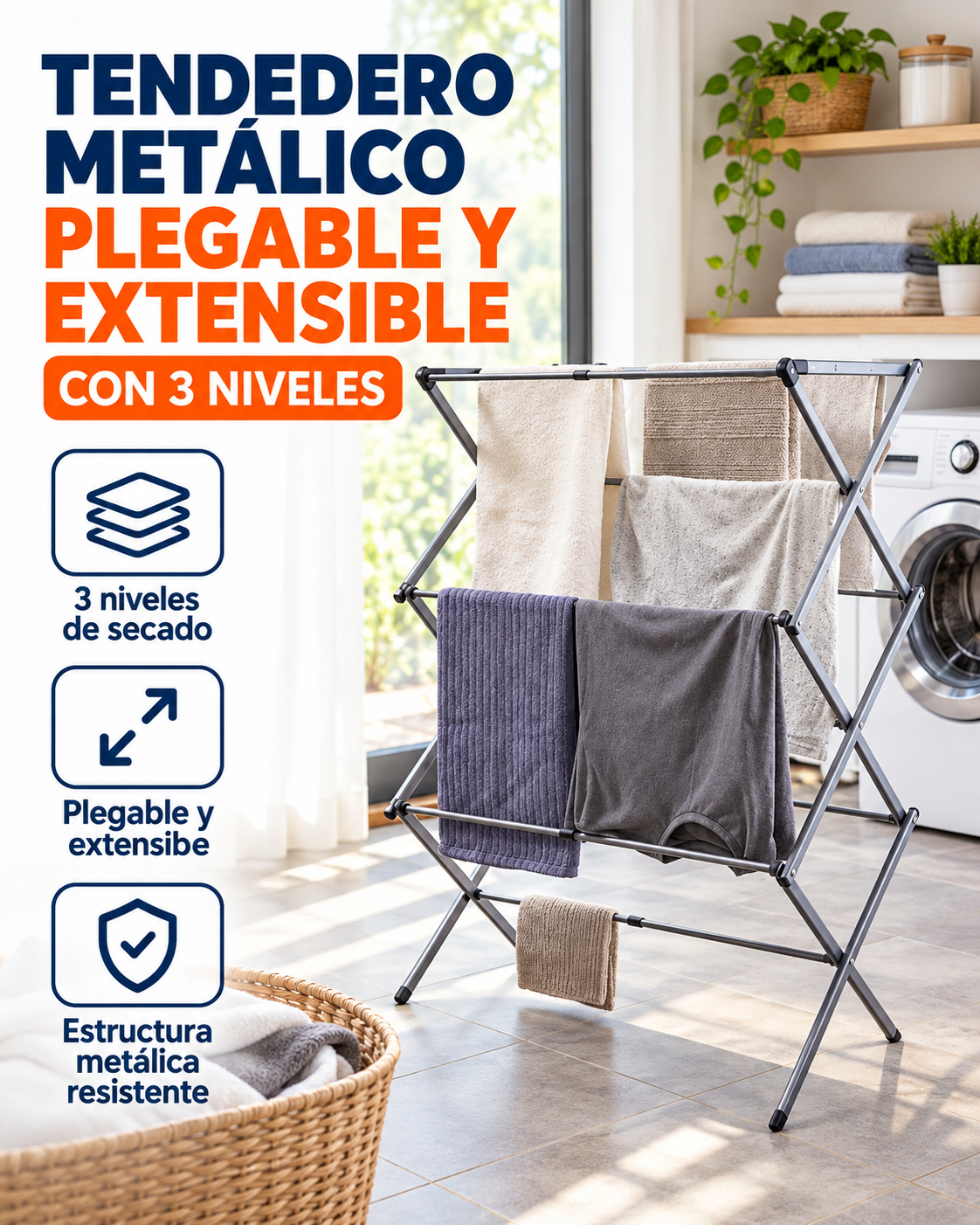 Tendedero metálico plegable y extensible con 3 niveles